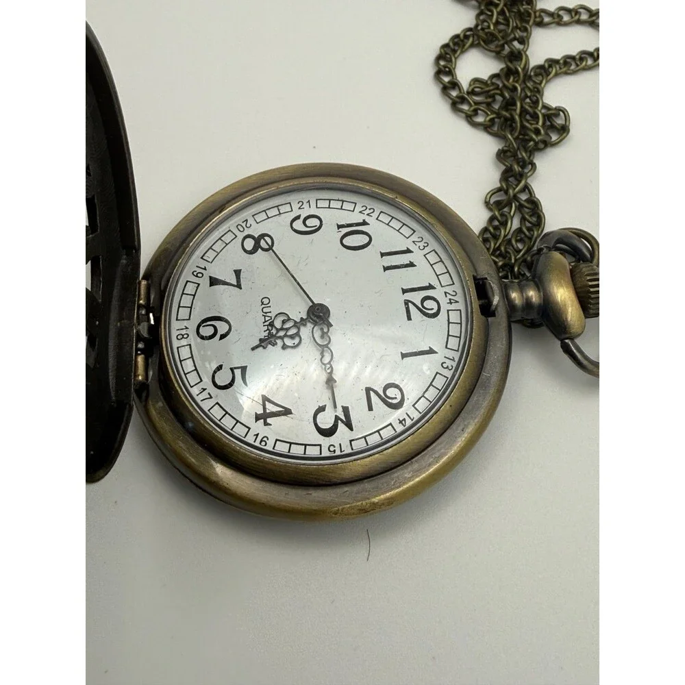 Steampunk Antique Bronze Unisex Quartz Pocket Watch Necklace Chain